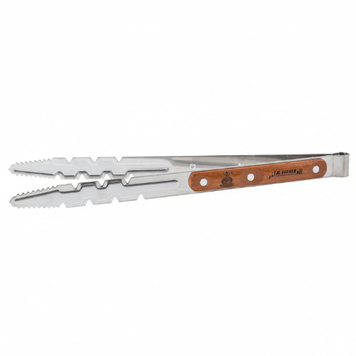 A pair of stainless steel tongs with serrated edges and a brown wooden handle featuring the 'AL_Fakher' logo, shown against a plain white background.
