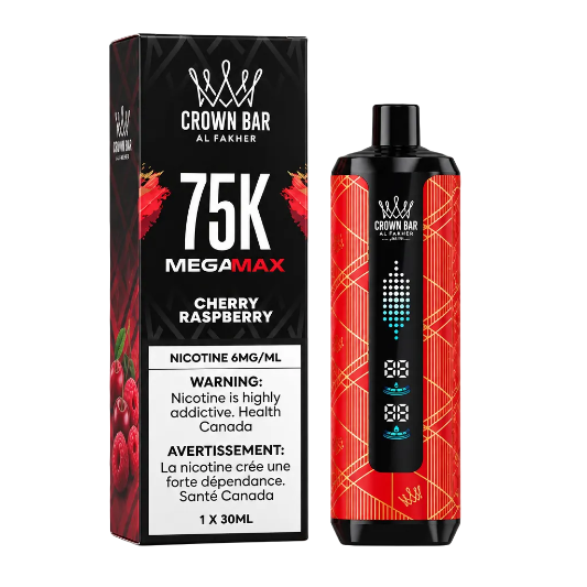 Crown Bar Al Fakher 75K MEGA MAX Cherry Raspberry disposable vape device next to its black packaging box on a white background.