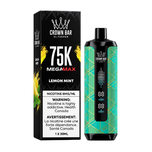 Crown Bar vape device and packaging with '75K Megamax Lemon Mint' on a white background
