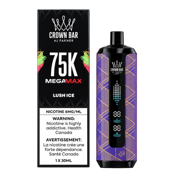 A Crown Bar Al Fakher 75K MegaMax disposable vape device in 'Lush Ice' flavor, shown next to its black packaging box on a plain white background.