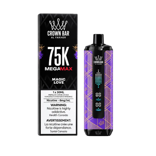 A 30mL disposable vape device and its packaging box from Crown Bar Al Parker, featuring the Magic Love flavor. The device has a purple and gold geometric pattern with a black screen, and the box is black with white and red text.
