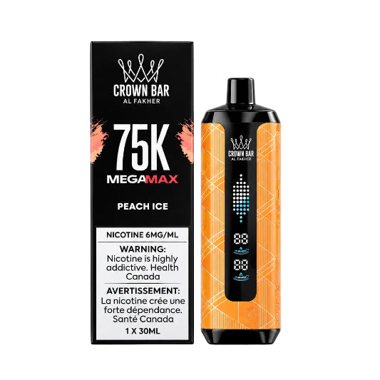Crown Bar vape device and packaging with '75K Megamax Peach Ice' on a white background