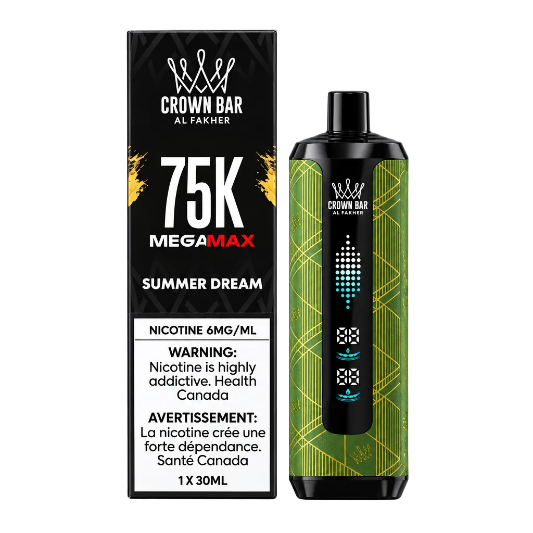Crown Bar Al Fakher vape device and packaging with '75K Megamax Summer Dream' branding.