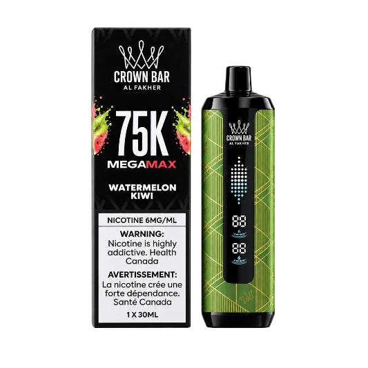 A Crown Bar Al Fakher 75K MEGAMAX Watermelon Kiwi disposable vape device next to its black packaging box, featuring a green and gold patterned body with a digital display on the front.