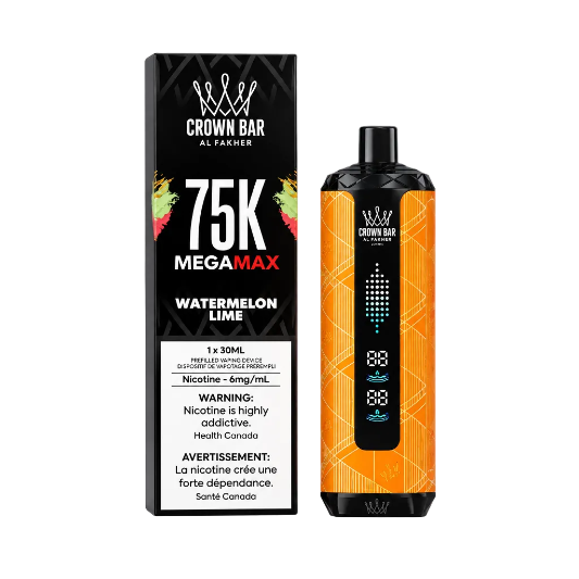 A Crown Bar Al Farmer 75K Megamax disposable vape device in Watermelon Lime flavor, shown next to its black packaging box on a plain white background.