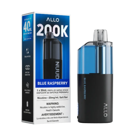 Allo 200K Nudg Blue Raspberry prefilled vaping device next to its retail packaging box, shown on a clean white background.