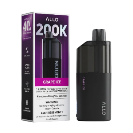 Allo 200K Grape Ice prefilled vaping device next to its retail packaging box, featuring a black and dark gray device with a purple and white box.