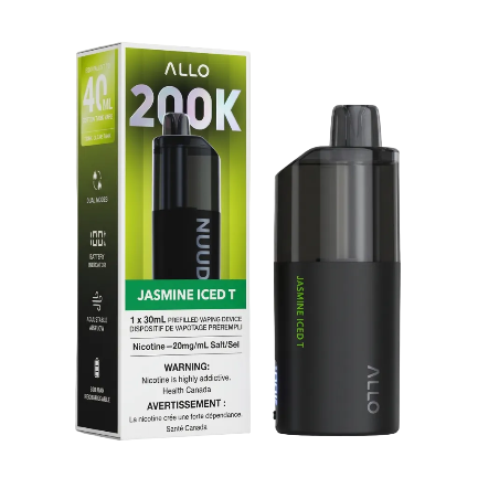 Allo 200K Nuud vape device in Jasmine Iced T flavor, shown next to its retail packaging box on a solid white background.