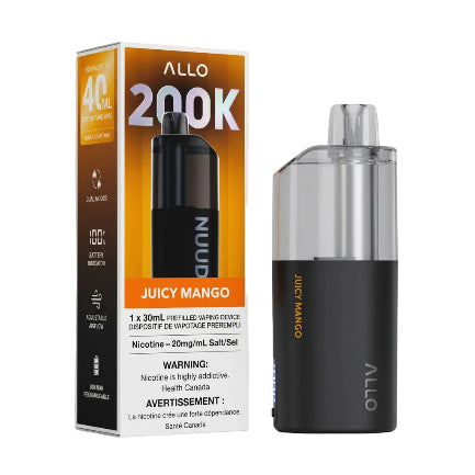 ALLO 200K Juicy Mango prefilled vaping device shown next to its retail packaging box on a plain white background.