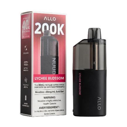 Allo 200K Lychee Blossom prefilled vaping device and its retail packaging box, shown on a clean white background.