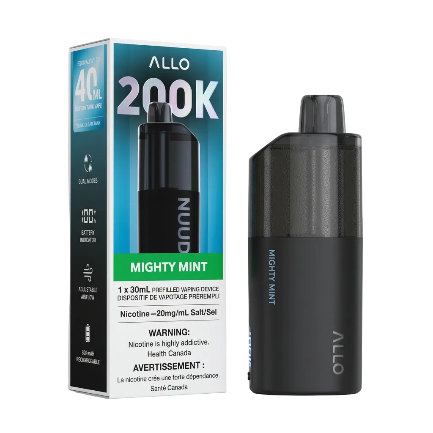 Allo Nuud 200K prefilled vaping device in Mighty Mint flavor, shown next to its retail packaging box on a solid white background.