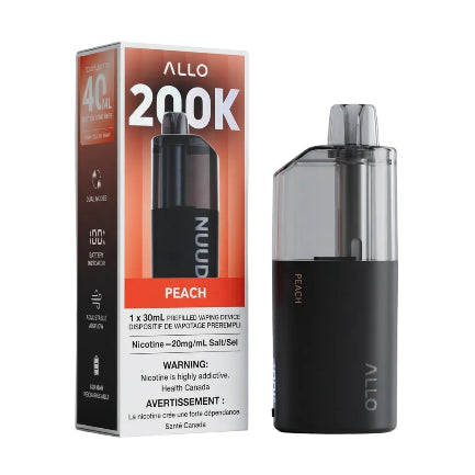ALLO 200K NUUD Peach prefilled vaping device shown next to its retail packaging box on a white background.