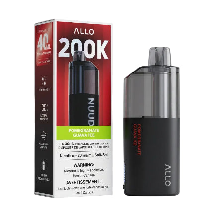 Allo 200K Prefilled Vaping Device in Pomegranate Guava Ice flavor, shown next to its red and white retail packaging box on a white background.