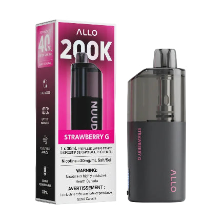 Allo 200K Nuud Strawberry G prefilled vaping device next to its retail packaging box, shown on a clean white background.
