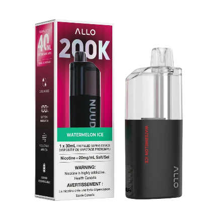 Allo 200K Nuud Watermelon Ice prefilled vaping device shown next to its retail packaging box on a plain white background.