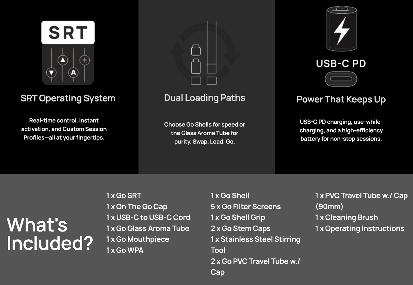 Arizer Go SRT features overview showing SRT operating system, dual loading paths, USB-C charging, and full list of included accessories.