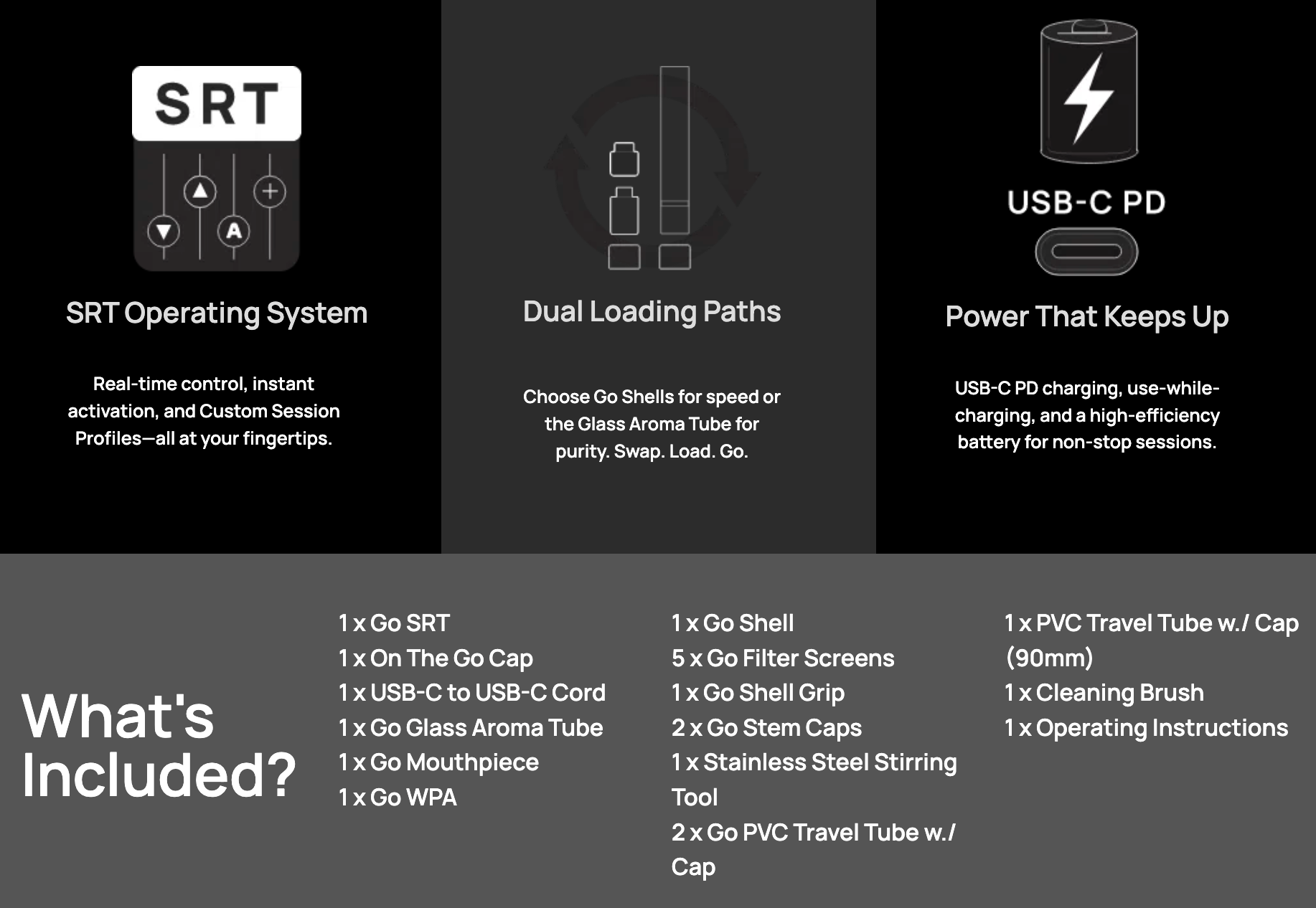 Arizer Go SRT features overview showing SRT operating system, dual loading paths, USB-C charging, and full list of included accessories.