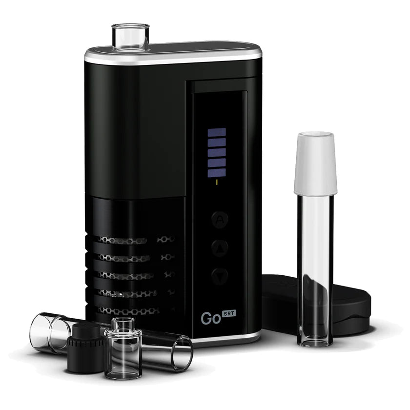 Arizer Go SRT portable dry herb vaporizer with glass aroma tubes, Go Shell pods, mouthpiece, and accessories arranged beside the device.