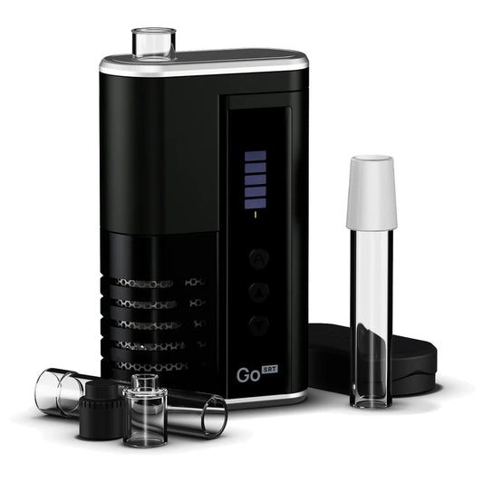 Arizer Go SRT portable dry herb vaporizer with glass aroma tubes, Go Shell pods, mouthpiece, and accessories arranged beside the device.