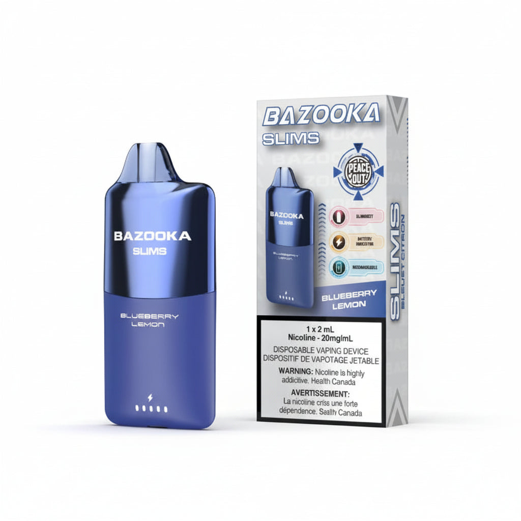 A blue Bazooka Slims disposable vape device stands next to its retail packaging box on a clean white background. The packaging features the brand name 'BAZOOKA SLIMS' and indicates the flavor is Blueberry Lemon.