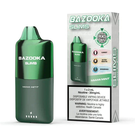 Green Bazooka Slims vaping device with packaging on a white background