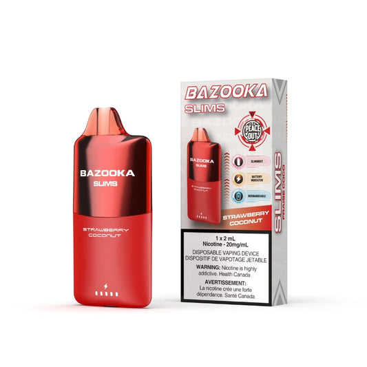 A red Bazooka Slims disposable vape device stands next to its retail packaging box on a clean white background. The packaging is white with red and black text, featuring the flavor 'Strawberry Coconut'.