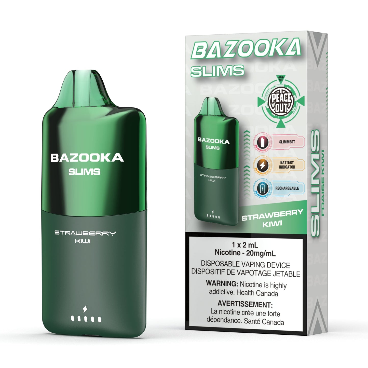 Green Bazooka Slims vaping device and packaging on a white background