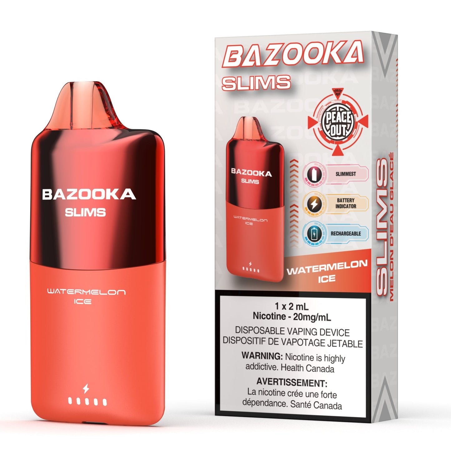 Red Bazooka Slims vape device with packaging on a white background