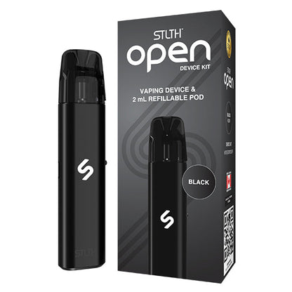 Black vaping device and packaging on a white background