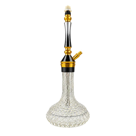 A glass hookah with a textured, iridescent green and gold base, a black and clear glass stem, and gold metal accents, shown on a white background.