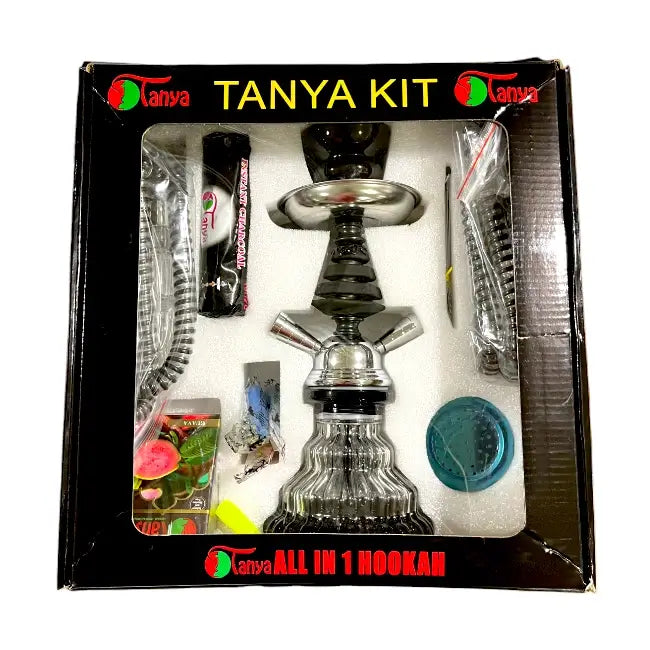 Tanya All In 1 Hookah kit in its original black and white retail packaging, showing the complete hookah set with accessories inside a clear plastic window.
