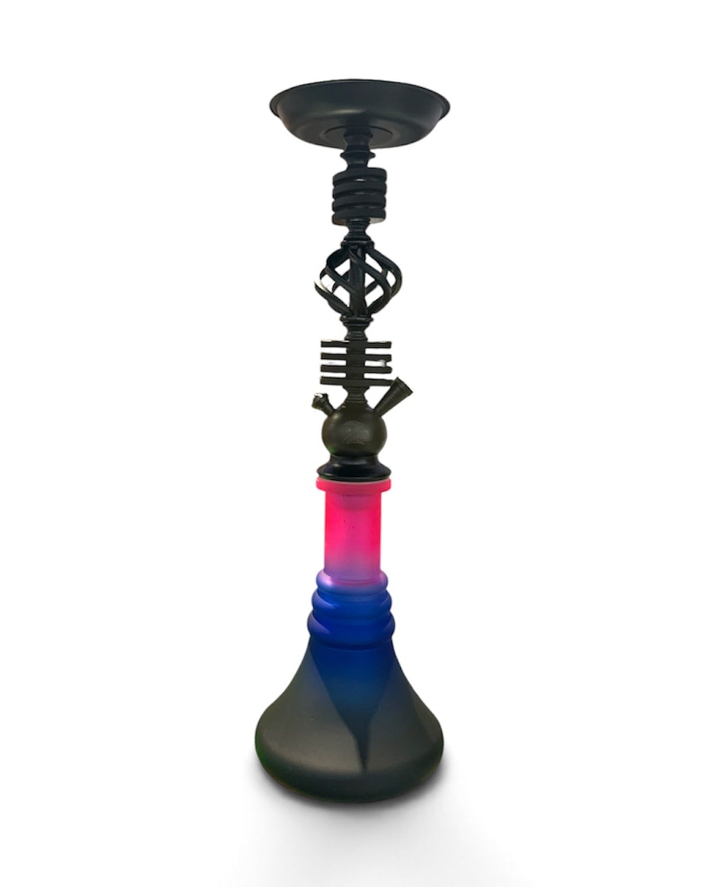 A modern hookah set featuring a black metal bowl, stem, and mouthpiece, with a vibrant pink-to-blue gradient glass base, isolated on a white background.