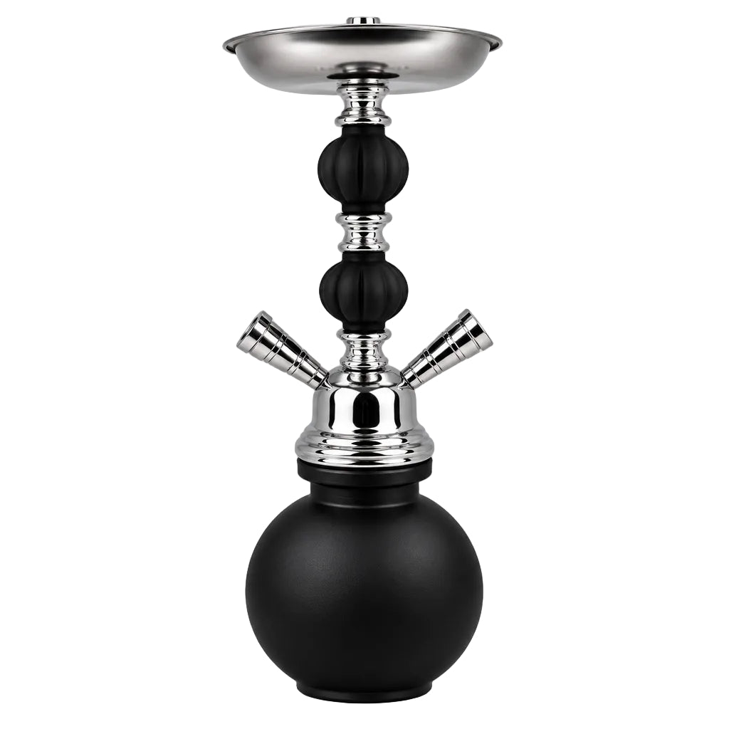 A modern hookah set with a matte black spherical base, glossy black stem accents, and shiny silver metallic bowls and mouthpieces, isolated on a white background.
