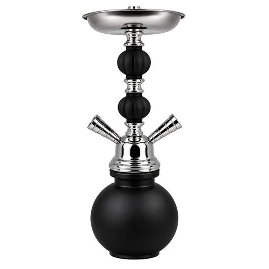 A modern hookah set with a matte black spherical base, glossy black stem accents, and shiny silver metallic bowls and mouthpieces, isolated on a white background.