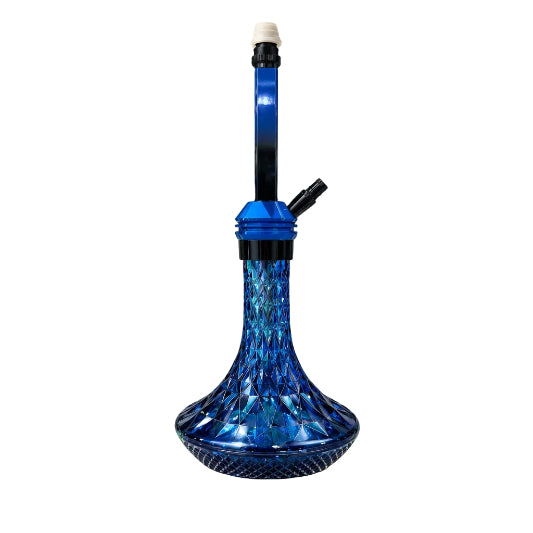A blue glass hookah with a textured, faceted bowl and a matching blue glass stem, featuring black accents and a white tip, set against a plain white background.
