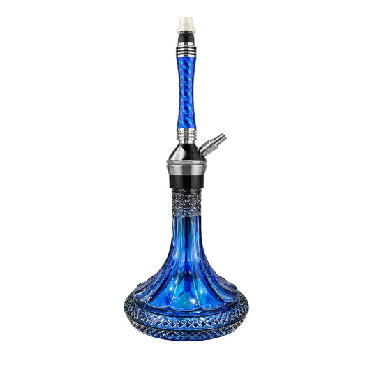 A blue and black glass hookah with a textured, glittery blue stem and base, shown on a plain white background.