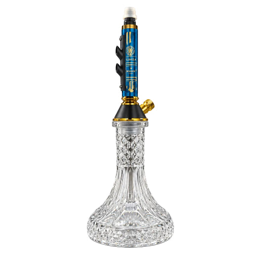 A decorative hookah or water pipe with a clear cut-glass base, a blue patterned stem, and gold-toned metal accents, photographed against a plain white background.