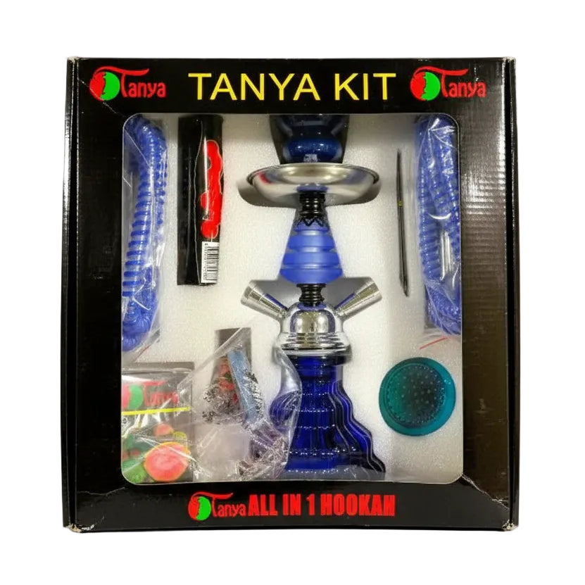 Tanya All In 1 Hookar Kit in its original retail packaging, featuring a blue glass hookah with a silver metal base, blue silicone mouthpiece, and accessories inside a black box.