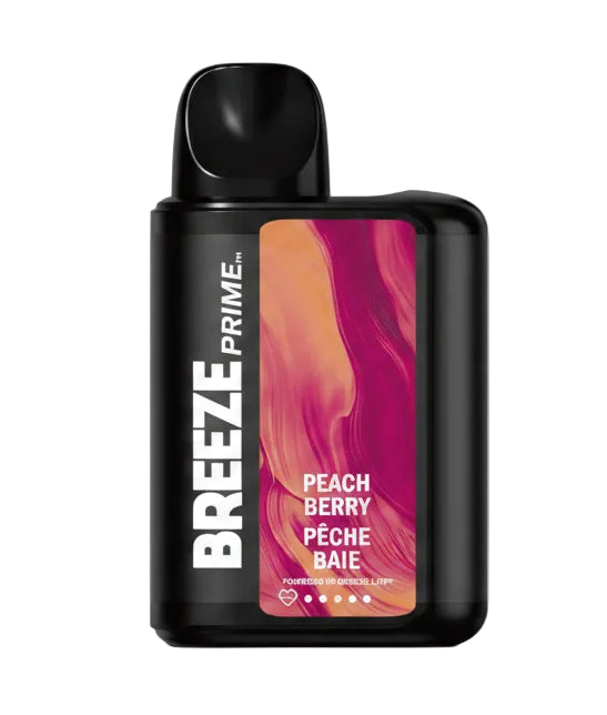 Breeze Prime disposable vape device packaging with peach berry flavor on a white background