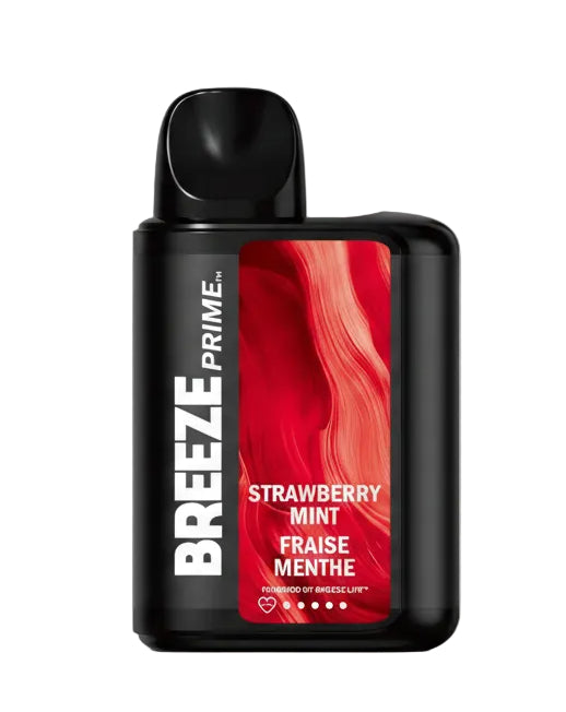 Breeze Prime disposable vape device packaging with strawberry mint flavor on a white background