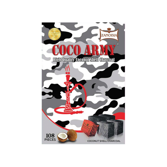 A package of ZANOBIA Coco Army coconut shell charcoal, featuring a gray and black camouflage pattern background with red text, a red hookah illustration, and images of coconuts and charcoal blocks.