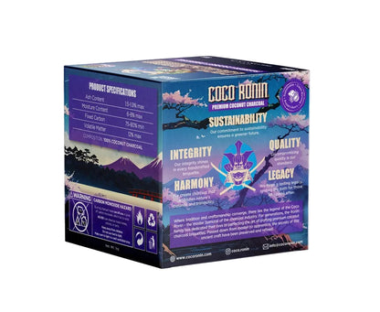 Coco Ronin packaging with sustainability and quality attributes on a white background