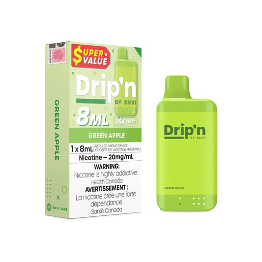 Drip'n by Envi vape device and packaging with green apple flavor on a white background