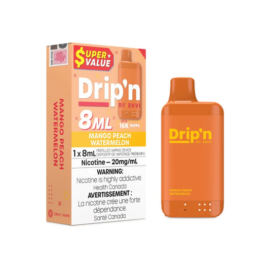 Drip'n vape disposable vape and packaging on a white background