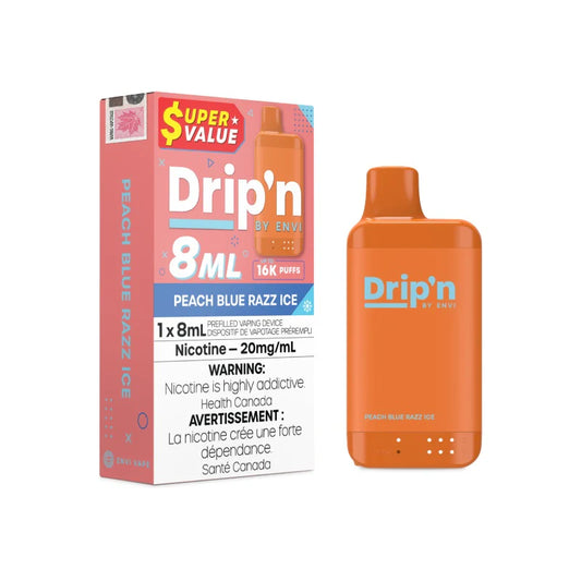 Drip'n Disposable vape device and packaging on a white background