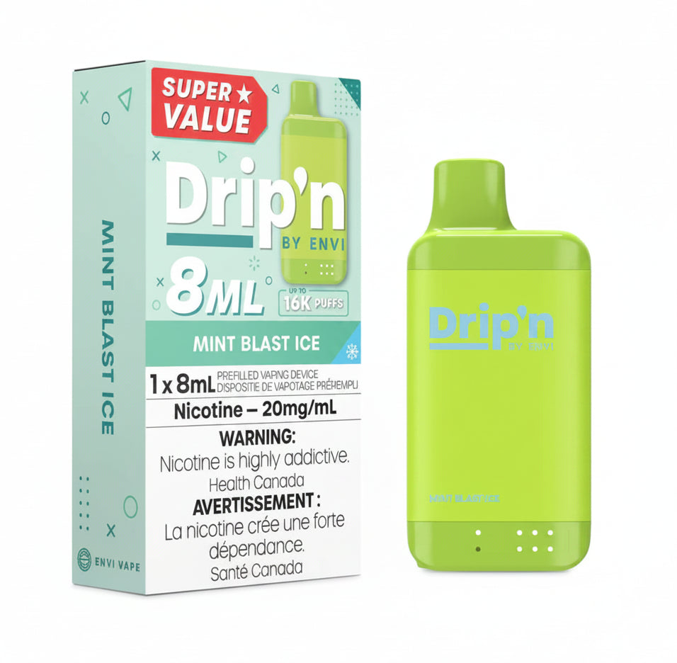 Green vape device with 'Drip'n' branding next to its packaging on a white background