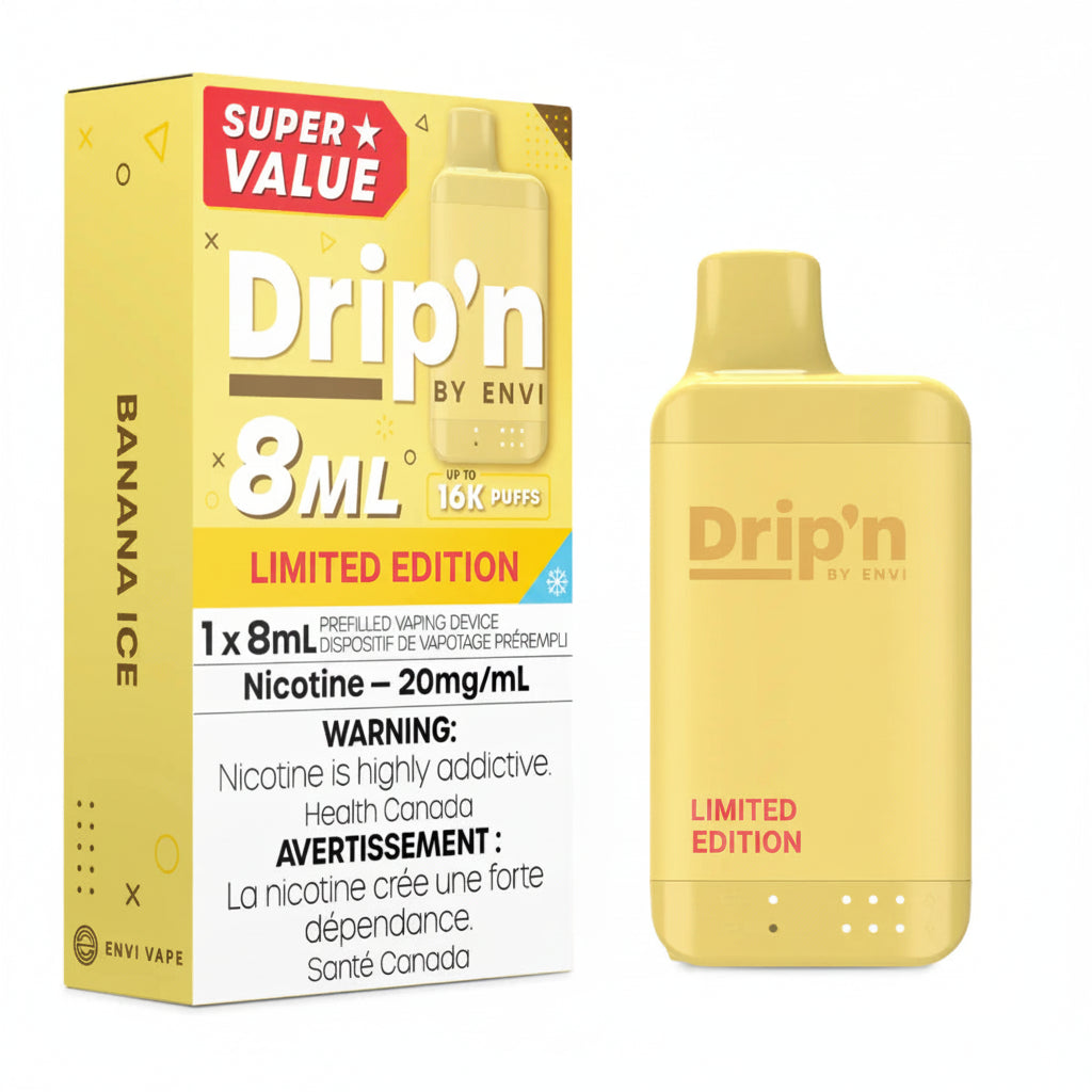 Yellow vape device and packaging with 'Drip'n' branding on a white background