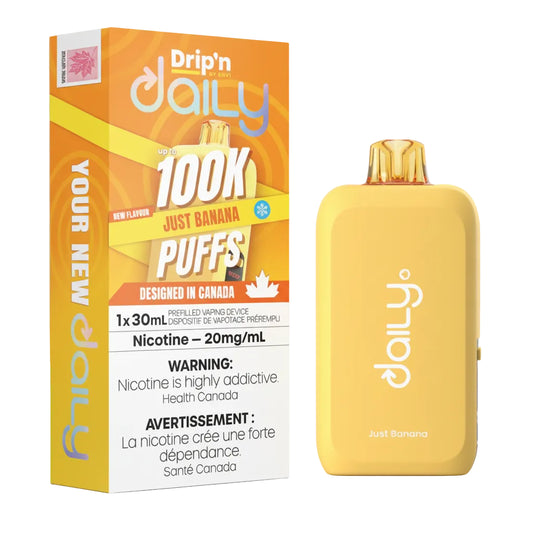 Yellow vape device and packaging with 'Drip'n daily' branding on a white background