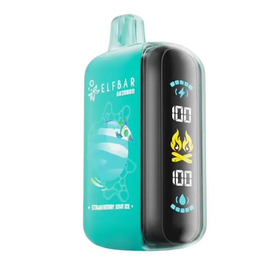 Teal vape device with digital display on a white background