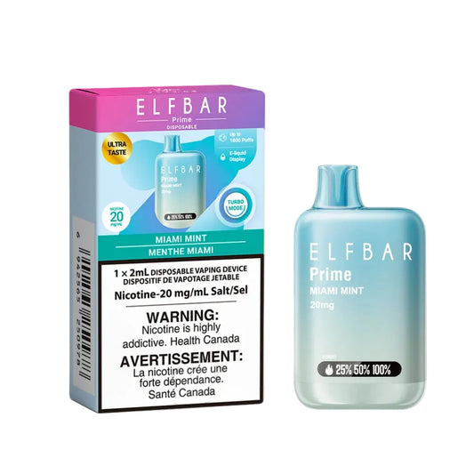 Elf Bar Prime Miami Mint vaping device and packaging on a white background